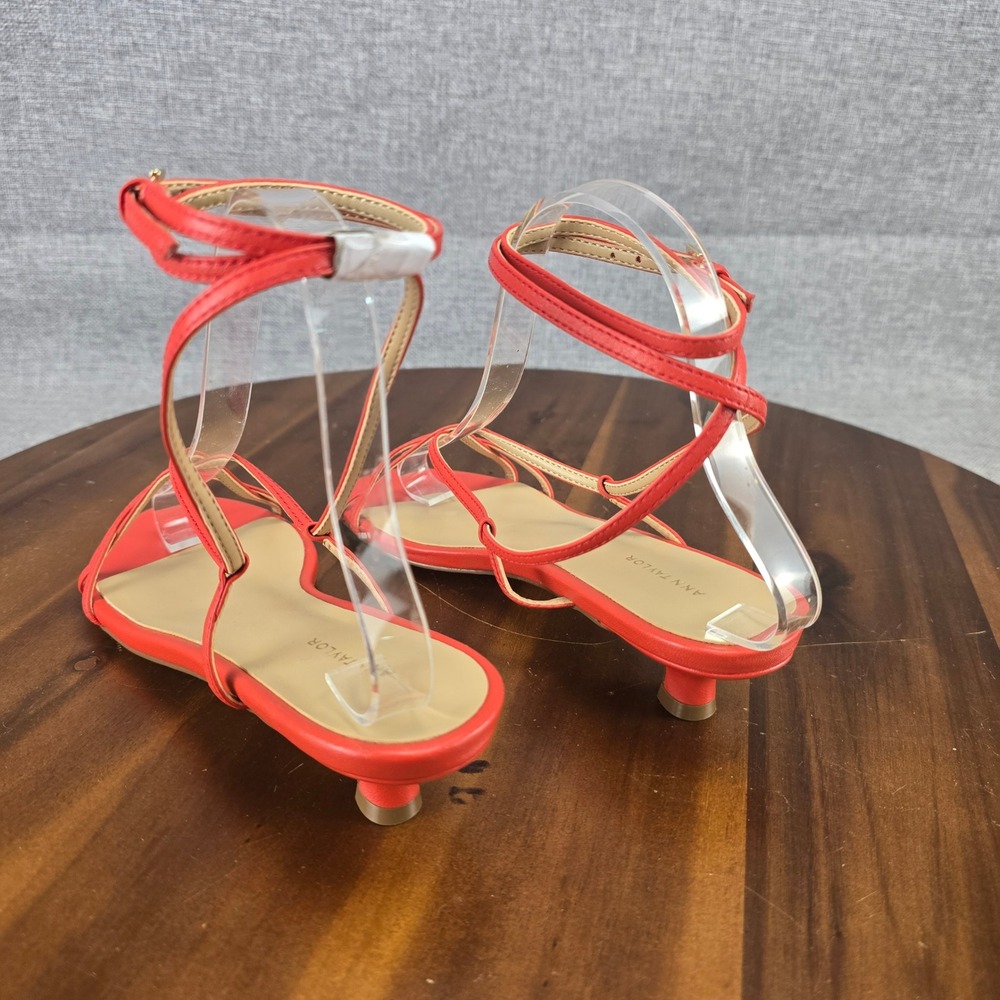 Ann Taylor Womens Coral Red Leather Strappy Ankle Strap Kitten Heel Sandals 6M - Picture 10 of 13